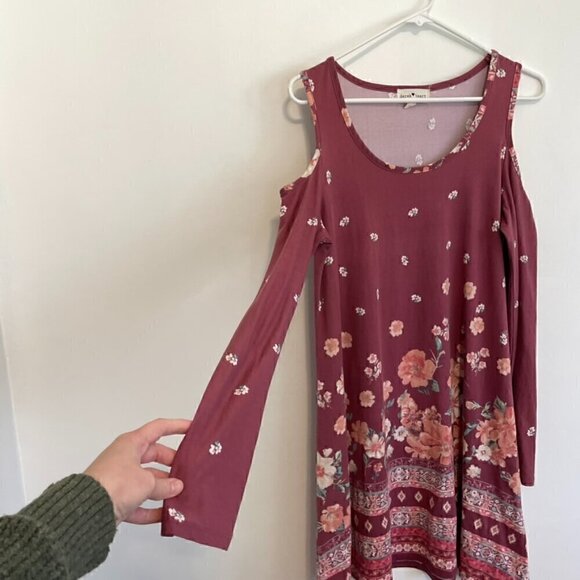 DEREK HEART Mauve Pink Floral Border Print Cold Shoulder Long Sleeve Shift Dress - Picture 8 of 15